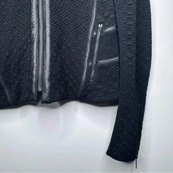 Rebecca Taylor Black Quilted Faux Leather Trim Zip Up Moto Jacket Size 8 - Picture 5 of 10